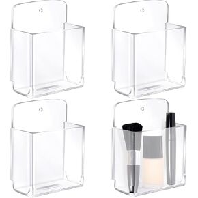 4 Pcs Acrylic Remote Control Holder Adhesive Wall Mount Phone Holder Clear Wall Mount Organizer Media Storage Box Pen Holder Phone Charging Storage Box for Home Office Living Room Bedroom