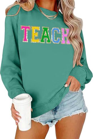 Teacher Sweatshirt Women Teach Glitter Patch Shirt Long Sleeve Pullover Loose Lightweight Blouse Tops in Saudi Arabia