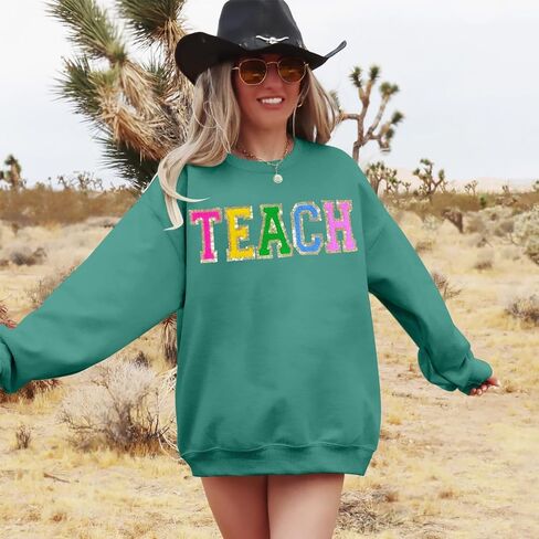 Teacher Sweatshirt Women Teach Glitter Patch Shirt Long Sleeve Pullover Loose Lightweight Blouse Tops in Saudi Arabia