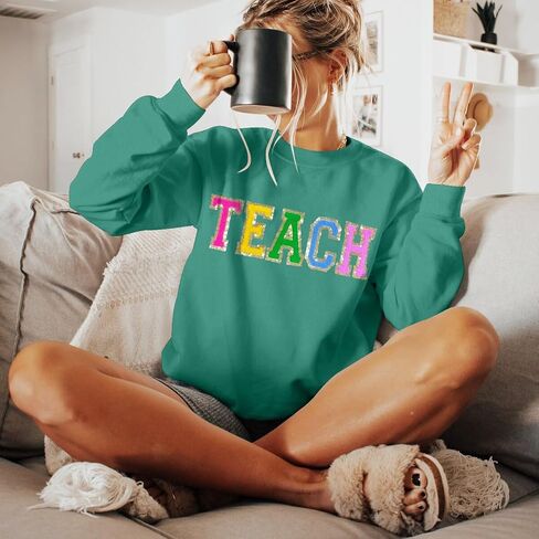 Teacher Sweatshirt Women Teach Glitter Patch Shirt Long Sleeve Pullover Loose Lightweight Blouse Tops in Saudi Arabia