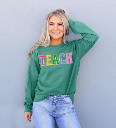 Teacher Sweatshirt Women Teach Glitter Patch Shirt Long Sleeve Pullover Loose Lightweight Blouse Tops in Saudi Arabia