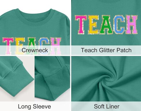 Teacher Sweatshirt Women Teach Glitter Patch Shirt Long Sleeve Pullover Loose Lightweight Blouse Tops in Saudi Arabia