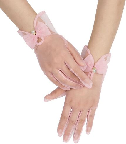 Women Bow Tulle Gloves with Pearls Short Mesh Tea Party Gloves Wedding Bridal Prom Formal Accessories in Saudi Arabia