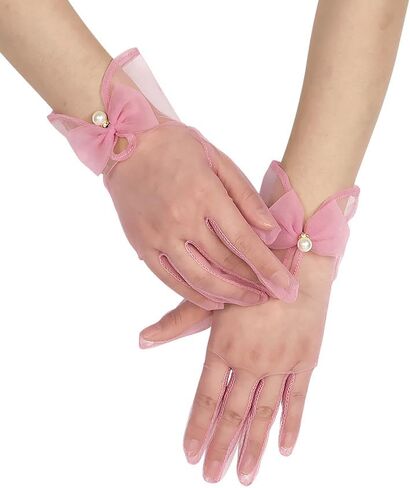 Women Bow Tulle Gloves with Pearls Short Mesh Tea Party Gloves Wedding Bridal Prom Formal Accessories in Saudi Arabia
