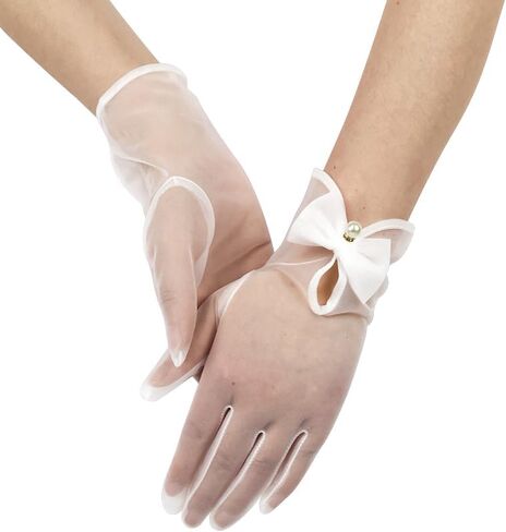 Women Bow Tulle Gloves with Pearls Short Mesh Tea Party Gloves Wedding Bridal Prom Formal Accessories in Saudi Arabia