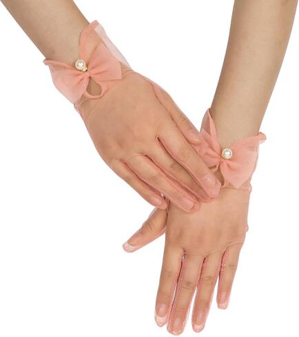 Women Bow Tulle Gloves with Pearls Short Mesh Tea Party Gloves Wedding Bridal Prom Formal Accessories in Saudi Arabia