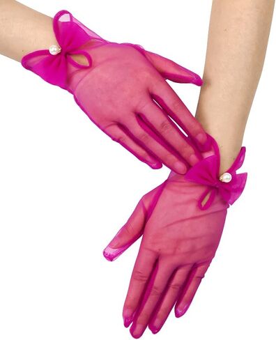 Women Bow Tulle Gloves with Pearls Short Mesh Tea Party Gloves Wedding Bridal Prom Formal Accessories in Saudi Arabia