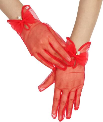 Women Bow Tulle Gloves with Pearls Short Mesh Tea Party Gloves Wedding Bridal Prom Formal Accessories in Saudi Arabia