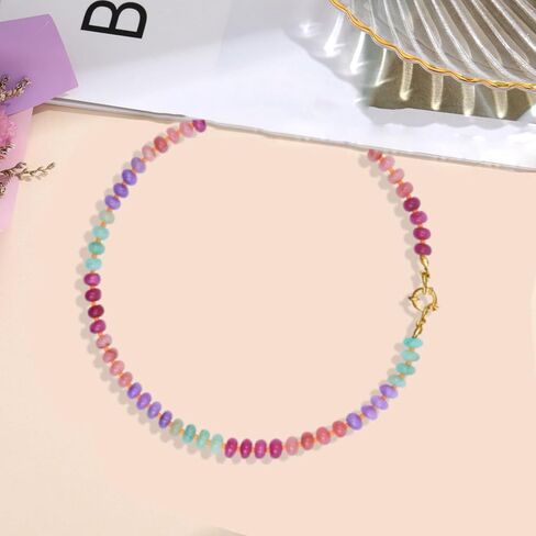 Natural Stone Beaded Necklace Beaded Necklace for Women Colorful Beaded Necklace Boho Rainbow Stone Choker Necklace Surfer Beach Jewelry in Saudi Arabia