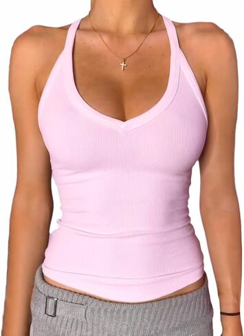 Danysu V Neck Racer Back Tank Top for Women Padded Ribbed Long Tank Fitted Basic Cami Tops in Kuwait