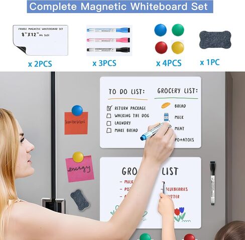Magnetic Fridge Whiteboard Set: Dry Erase White Board (12X8"), Magnets ( Bonus), Markers & Erasers in Saudi Arabia