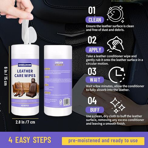 مناديل مبللة جلدية، منظف جلدي 5 في 1 للعناية بالجلد مع حماية من الأشعة فوق البنفسجية، تغذي وناعمة للجلد، والجلود الصناعية، والفينيل، والملابس، والأثاث، والجزء الداخلي للسيارة، وحقيبة - 40 منديل in Kuwait