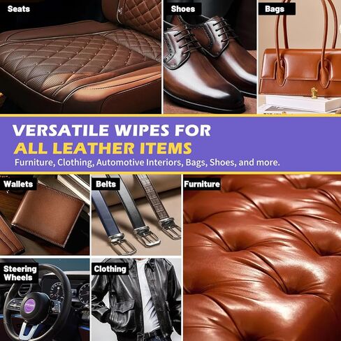 مناديل مبللة جلدية، منظف جلدي 5 في 1 للعناية بالجلد مع حماية من الأشعة فوق البنفسجية، تغذي وناعمة للجلد، والجلود الصناعية، والفينيل، والملابس، والأثاث، والجزء الداخلي للسيارة، وحقيبة - 40 منديل in Kuwait