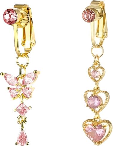 2PCS Fake Belly Button Ring Fake Belly Piercing Fake Belly Button Piercing Clip On Belly Button Rings CZ Dangle Heart Butterfly Fake Belly Rings Clip On Belly Button Piercing in Saudi Arabia