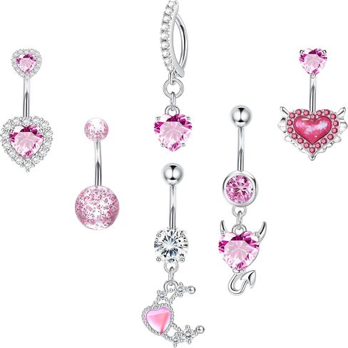 FIASASO 6Pcs Belly Button Rings for Women Surgical Steel Hypoallergenic 14G Dangle Belly Button Ring Heart CZ Belly Rings Clicker Belly Button Piercing Navel Piercing Jewelry Pack Silver Pink Blue Red in Saudi Arabia