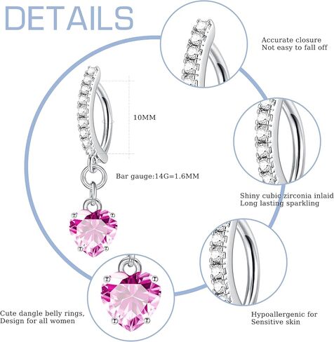FIASASO 6Pcs Belly Button Rings for Women Surgical Steel Hypoallergenic 14G Dangle Belly Button Ring Heart CZ Belly Rings Clicker Belly Button Piercing Navel Piercing Jewelry Pack Silver Pink Blue Red in Saudi Arabia