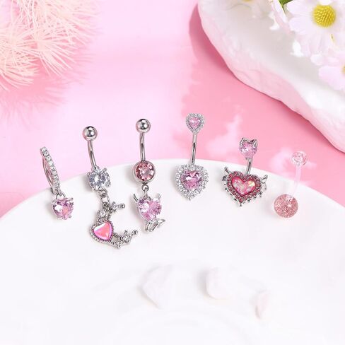 FIASASO 6Pcs Belly Button Rings for Women Surgical Steel Hypoallergenic 14G Dangle Belly Button Ring Heart CZ Belly Rings Clicker Belly Button Piercing Navel Piercing Jewelry Pack Silver Pink Blue Red in Saudi Arabia
