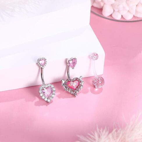 FIASASO 6Pcs Belly Button Rings for Women Surgical Steel Hypoallergenic 14G Dangle Belly Button Ring Heart CZ Belly Rings Clicker Belly Button Piercing Navel Piercing Jewelry Pack Silver Pink Blue Red in Saudi Arabia