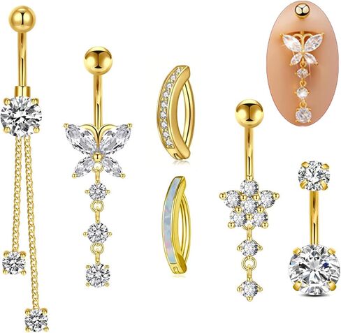 Cubic Zirconia Belly Button Rings Set 14G Surgical Stainless Steel Navel Belly Rings 10mm Piercing Barbell Body Jewelry Belly Button Ring gold silver belly button piercing for Women in Saudi Arabia