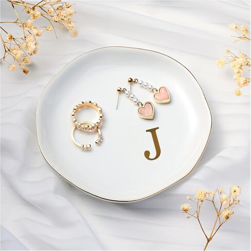 Lolalet Ceramic Jewelry Tray, 4.52" Initials Ring Dish Decorative Trinket Dish for Rings Earrings Necklaces Small Jewelry, Personalized Monogram Jewelry Dish for Engagement Wedding Birthday -M in Saudi Arabia