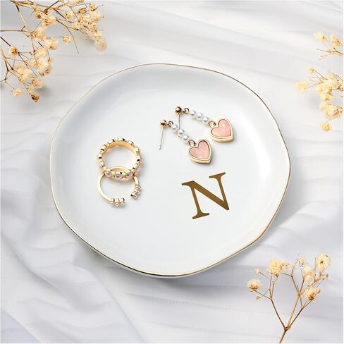 Lolalet Ceramic Jewelry Tray, 4.52" Initials Ring Dish Decorative Trinket Dish for Rings Earrings Necklaces Small Jewelry, Personalized Monogram Jewelry Dish for Engagement Wedding Birthday -M in Saudi Arabia