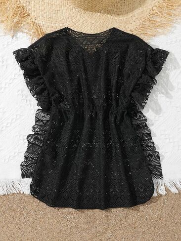 WDIRARA Toddler Girl's V Neck Ruffle Trim Short Sleeve Hollow Up Cover Up Swimwear in Saudi Arabia