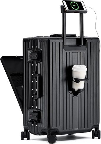 YUNASAY Aluminium Frame Carry on Luggage with Spinner Wheels and TSA Lock, PC Hardside Suitcase with Front Pocket, USB Port, Cup Holder& Phone Holder(White, 20 inch) in Saudi Arabia