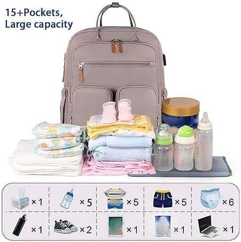 Mancro Diaper Bag Backpack, Baby Bags for Mom and Dad Maternity Diaper Bag for Girls, Large Capacity Waterproof Bag with USB Charging Port, Insulated Pockets, Stroller Straps, Grey in Saudi Arabia