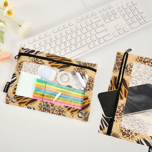 Leopard Giraffe Zebra Print Binder Pencil Pouch for 3 Ring Pencil Pouch with Zipper Clear Window Pencil Case for Organization Offic Supplies in Saudi Arabia