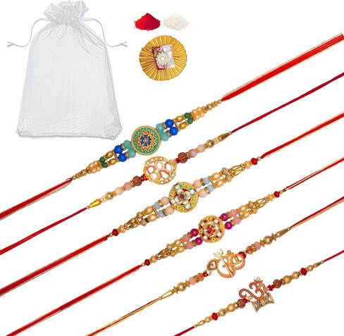 Set of 6 Rakhi for Brother Bhabhi and Bhatija Bhai Bhaiya Raksha Bandhan gift Rakhi Thread Rakhi with Roli Chawal and Greeting card gift pack in pouch/Potli bag in Saudi Arabia
