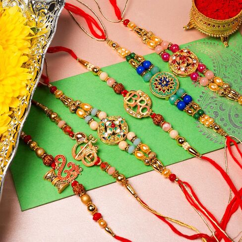 Set of 6 Rakhi for Brother Bhabhi and Bhatija Bhai Bhaiya Raksha Bandhan gift Rakhi Thread Rakhi with Roli Chawal and Greeting card gift pack in pouch/Potli bag in Saudi Arabia