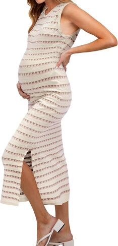OUGES Women's 2025 Summer Maternity Dress Knit Sleeveless Crewneck Midi Dress Side Slit Striped Bodycon Sweater Dress in Kuwait