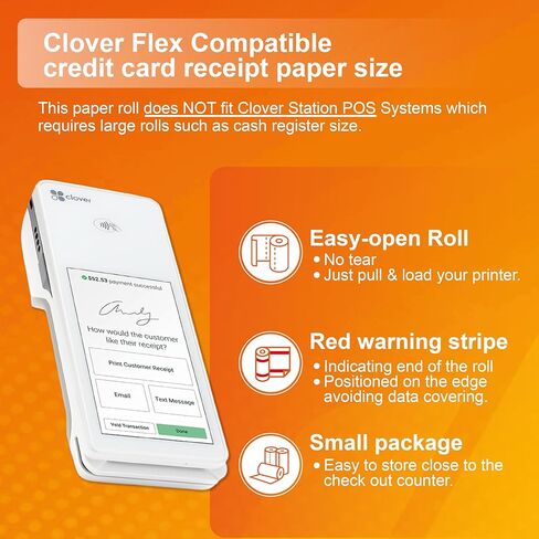 Thermal Paper Roll for Clover Flex Credit Card Machine - Clover Flex Receipt Paper Roll - Clover Flex Paper - Thermal Paper 2 1/4 x 50 (PACK 10 ROLLS) in Kuwait