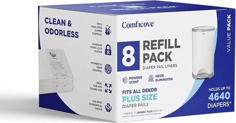 عبوات COMFICOVE المتوافقة مع دلاء الحفاضات DEKOR PLUS | 4 عبوات | بطانات إعادة تعبئة سطل الحفاضات السميكة للغاية | رائحة مسحوق طازجة | من السهل استبدال حقيبة الحفاضات والتخلص منها | التخلص من حفاضات الأطفال عديمة الرائحة in Kuwait