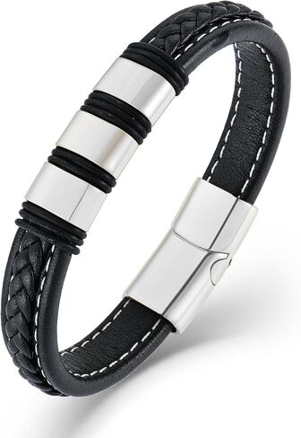Stainless Steel Leather Bracelets for Men, Braided Bracelet Woven Bead Wristband with Durable Clasp for Men Jewelry Gifts in Saudi Arabia