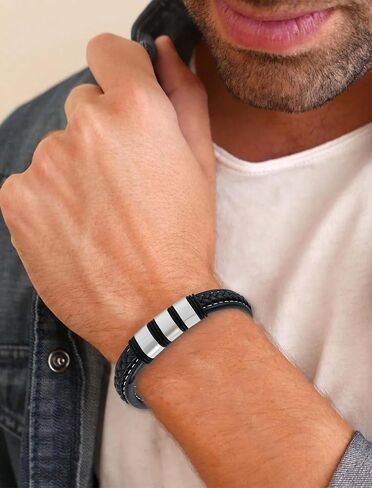 Stainless Steel Leather Bracelets for Men, Braided Bracelet Woven Bead Wristband with Durable Clasp for Men Jewelry Gifts in Saudi Arabia