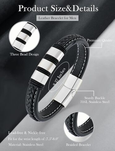 Stainless Steel Leather Bracelets for Men, Braided Bracelet Woven Bead Wristband with Durable Clasp for Men Jewelry Gifts in Saudi Arabia