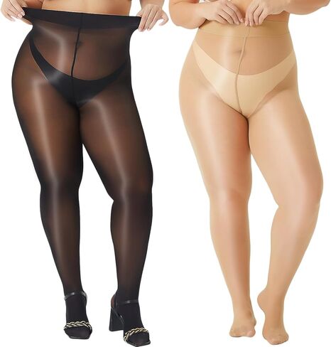 2 Pairs Pantyhose for Women Plus Size, Oil Shiny Sheer Tights, High Waist Shimmer Stockings for Women Sexy in Saudi Arabia