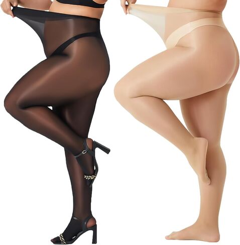 2 Pairs Pantyhose for Women Plus Size, Oil Shiny Sheer Tights, High Waist Shimmer Stockings for Women Sexy in Saudi Arabia