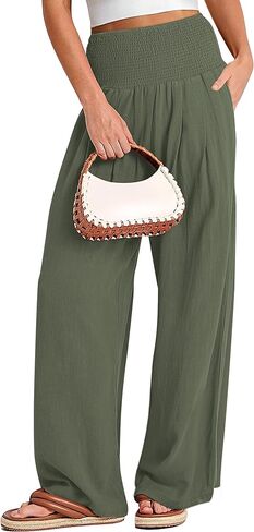 Women Linen Palazzo Pants Wide Leg Casual Pant Summer High Waist Lounge Pants 2024 Loose Baggy Beach Travel Clothes in Saudi Arabia