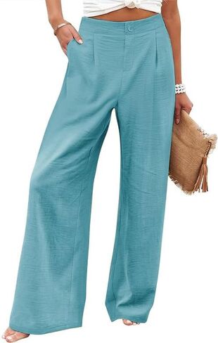Womens Casual Linen High Waist Wide Leg Pants Palazzo Boho Flowy Beach Vacation Lounge Trousers with Pockets in Saudi Arabia