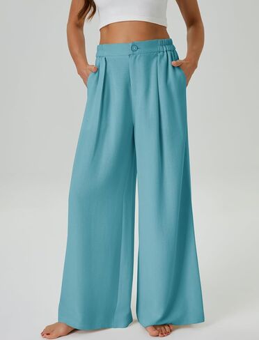 Womens Casual Linen High Waist Wide Leg Pants Palazzo Boho Flowy Beach Vacation Lounge Trousers with Pockets in Saudi Arabia