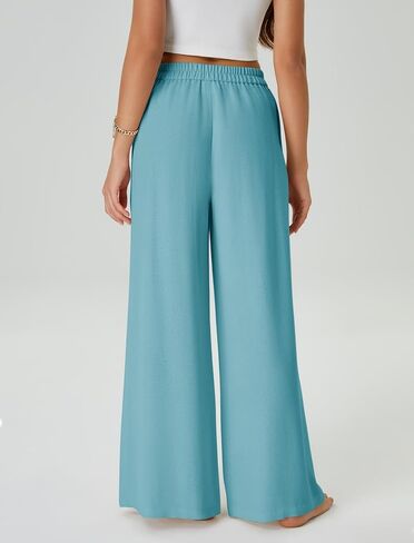 Womens Casual Linen High Waist Wide Leg Pants Palazzo Boho Flowy Beach Vacation Lounge Trousers with Pockets in Saudi Arabia