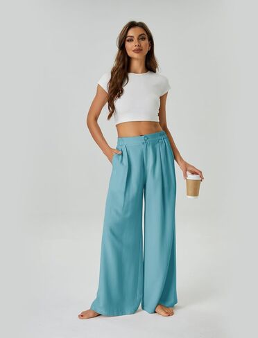 Womens Casual Linen High Waist Wide Leg Pants Palazzo Boho Flowy Beach Vacation Lounge Trousers with Pockets in Saudi Arabia