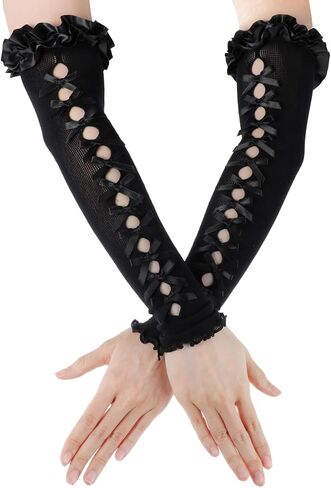 Fingerless Lace Gloves Women With Bow Long Arm Warmers Y2k for Lolita Dress Mesh Ruffles Lace Arm Sleeves For Wedding in Saudi Arabia