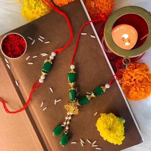 I Jewels Indian Festival Designer Bhaiya Bhabhi Hanging Lumba Rakhi Combo Set for Rakshabhandan Special (R016-71CO) in Saudi Arabia