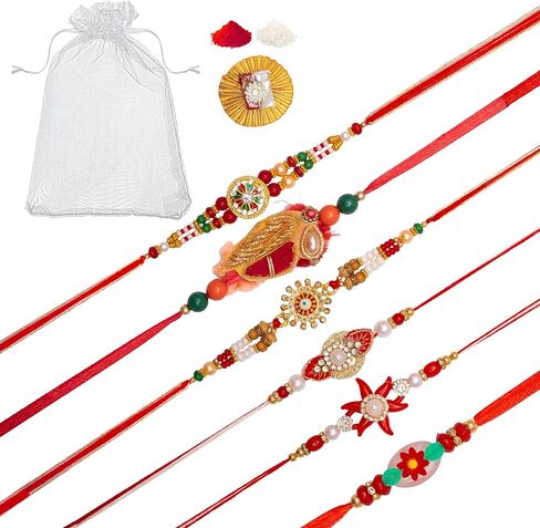 Set of 6 Rakhi for Brother Bhabhi and Bhatija Bhai Bhaiya Raksha Bandhan gift Rakhi Thread Rakhi with Roli Chawal and Greeting card gift pack in pouch/Potli bag in Saudi Arabia
