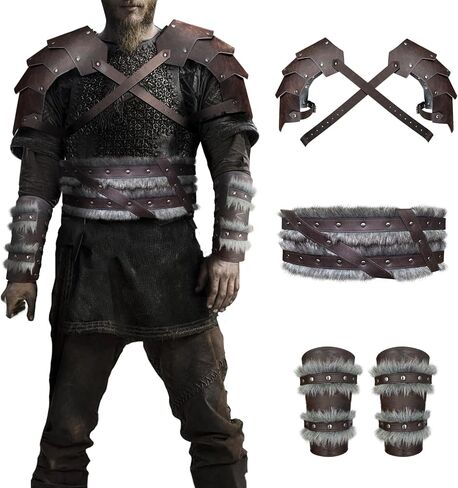 HiiFeuer من الجلد الصناعي من العصور الوسطى بولدرون مزدوج مع حزام عريض بربري وواقي للذراع من الشمال، زي فارس المرتزقة العتيق in Kuwait
