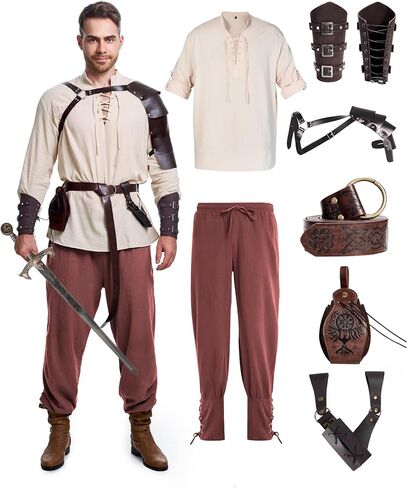 8 Pcs Men's Renaissance Costume Halloween Medieval Pirate Shirt Pant Viking Costume Accessories Set in Saudi Arabia