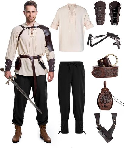 8 Pcs Men's Renaissance Costume Halloween Medieval Pirate Shirt Pant Viking Costume Accessories Set in Saudi Arabia